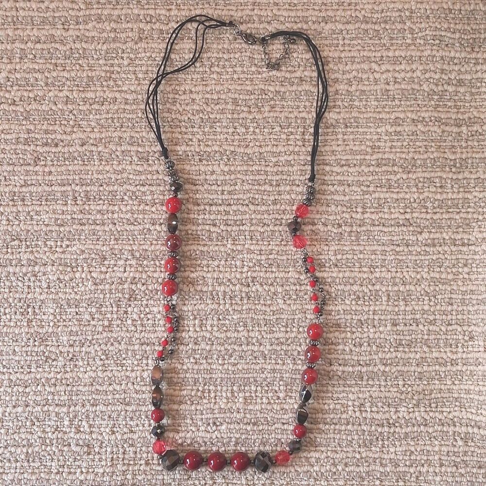 Boho Red Black Beaded Strand Cord Necklace Metallic Faceted Glass Beads Jewelry